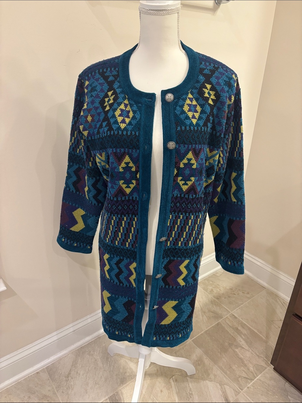 Chico's Vintage Teal Multi-Color Geometric Long Cardigan